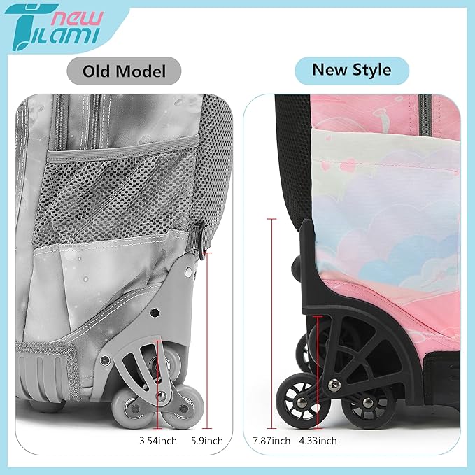 NEW TILAMI 18 inch Rolling Backpack for Girls – Waterproof, Large Capacity, Stair-Climbing Design, Adjustable Handle, Great for School, Pink Sunset by TinyTreasures Baby Boutique